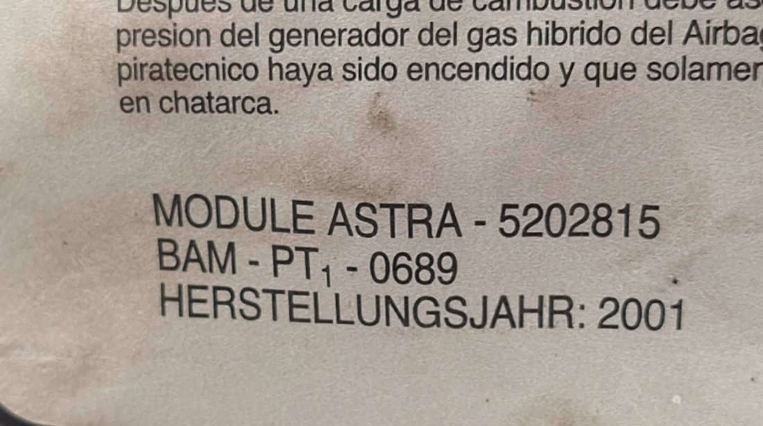 Airbag Pasager Opel ASTRA G 1998 - 2009 Benzina 5202815, 765126112996, 765 126 112 996, 820281500A, ST011498970, 90501111, 90 501 111, 90561111, 90 561 111