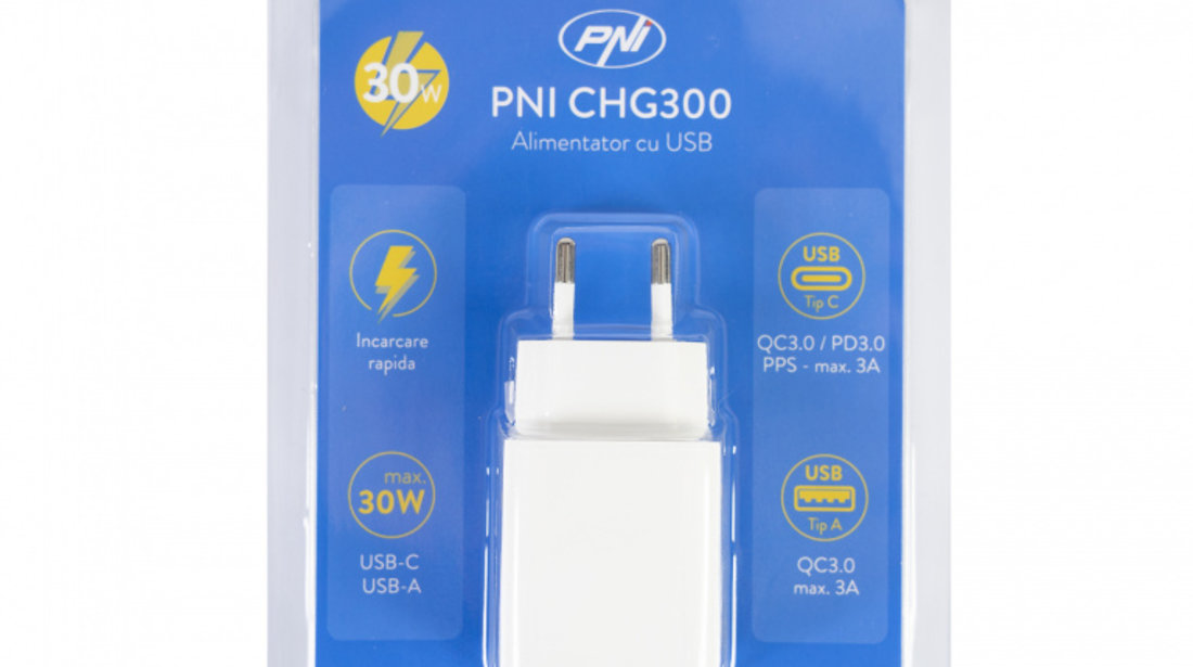 Alimentator PNI CHG300 Cu Port USB C, QC3.0, PD3.0, PPS Si Port USB-A, 30W PNI-CHG300