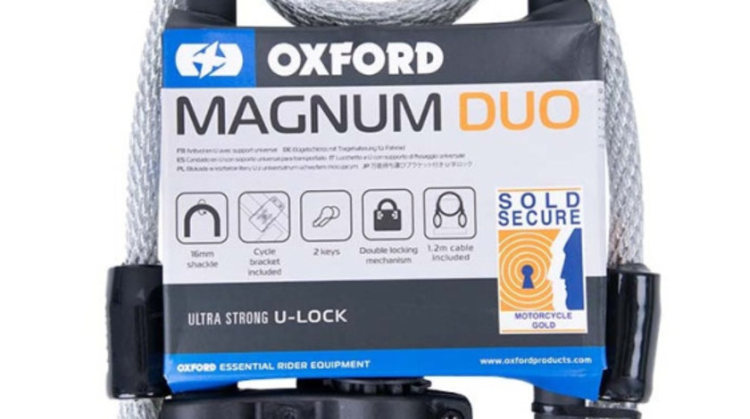 Antifurt Roata Moto Oxford Magnum Duo U-lock (177x340mm) With Bracket &amp; Cable Otel Negru LK225