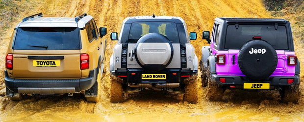 Asta e momentul asteptat de toata lumea. Test in off-road cu noua Toyota Land Cruiser, Land Rover Defender si Jeep Wrangler Rubicon