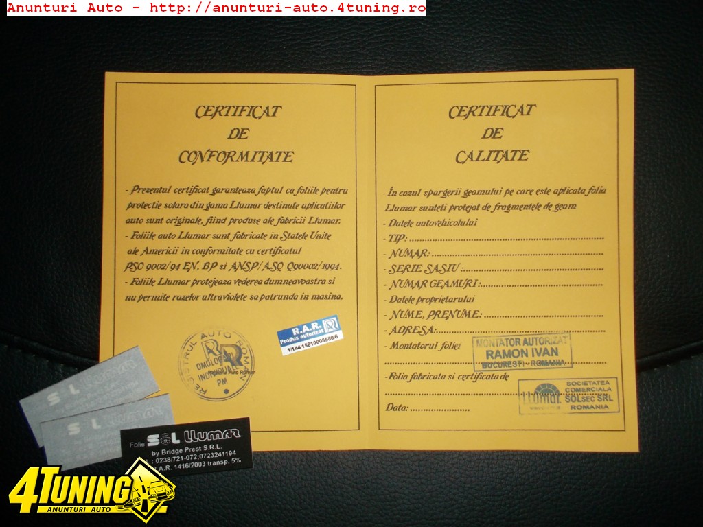 Autorizatie Certificat omologare folii auto cu timbre geamuri #233449
