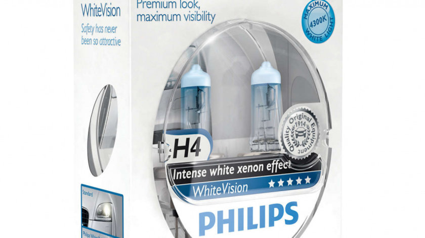 Bec Philips H4 P43T 12V 60/55W Whitevision Set 2 Buc 12342WHVSM