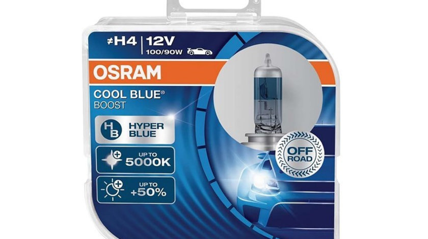 Becuri Osram H4 12v 100/90 P43t Cool Blue Boost 5000k Hyperblue + 50%, 2 Buc 62193CBB-HCB