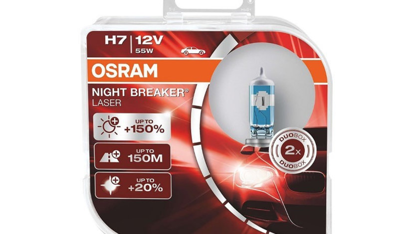 Becuri Osram H7 12v 55w Px26d Night Breaker Laser, Generatia Urmatoare + 150%, 2 Buc 64210NL-HCB