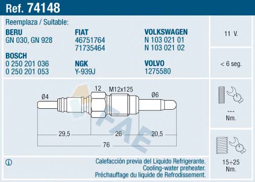 Bujie incandescenta (74148 FAE) AUDI,FIAT,SEAT,SKODA,VOLVO,VW