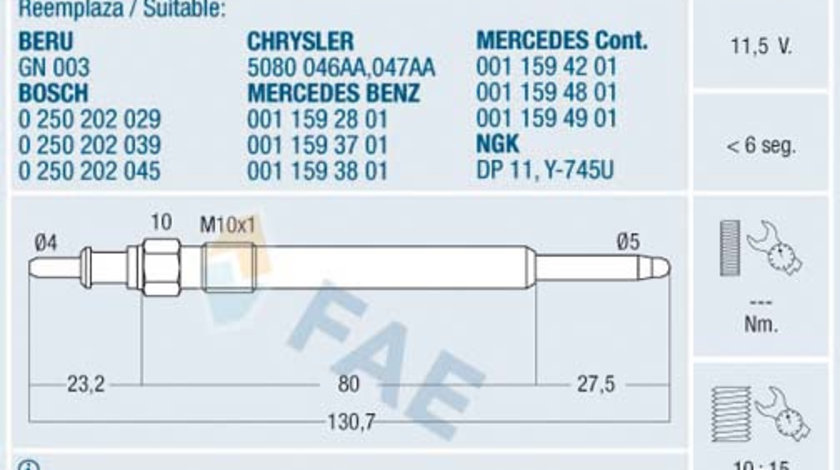 Bujie incandescenta (74192 FAE) CHRYSLER,JEEP,MERCEDES-BENZ