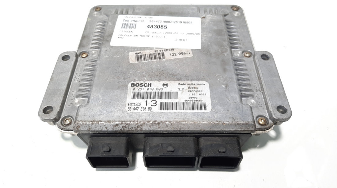 Calculator motor, cod 9644721080, 0281010808, Peugeot 607, 2.0 HDI, RHZ (idi:483085)