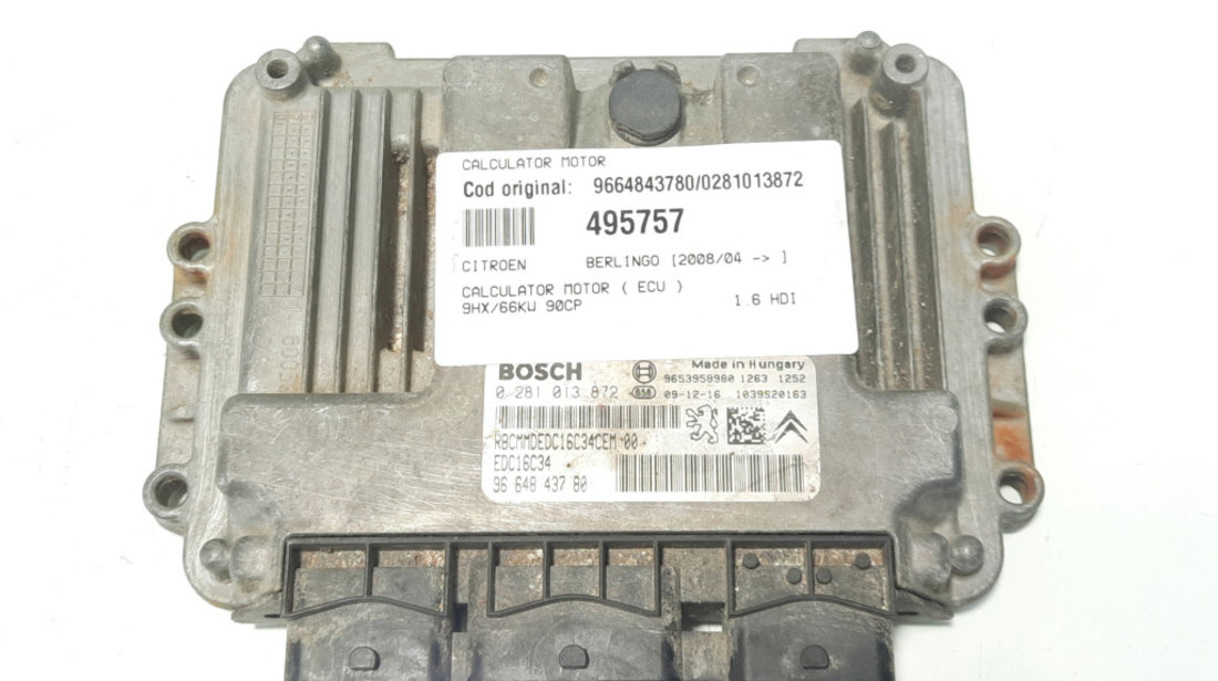 Calculator motor, cod 9664843780, 0281013872, Citroen C4 (I) 1.6 HDI, 9HX (idi:495757)