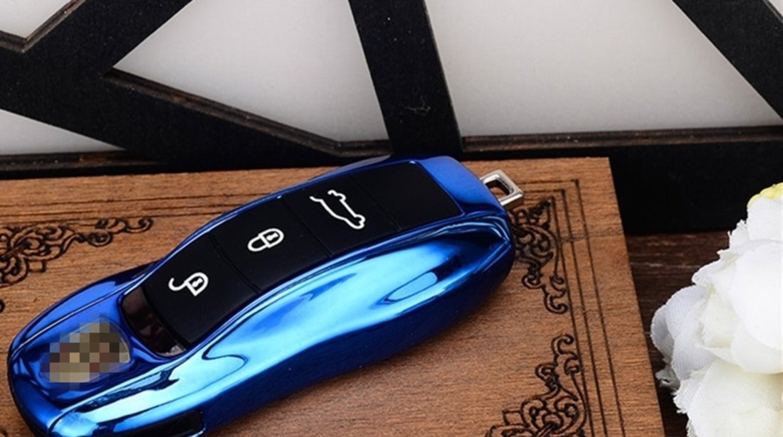 Carcasa Cheie Porsche Macan 95B 2015→ Set 3 Buc Albastru Metalizat