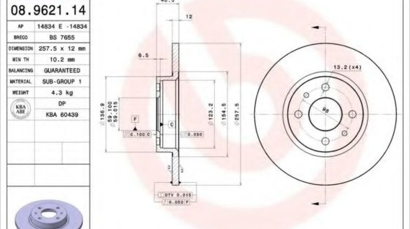 Disc frana ALFA ROMEO 145 (930) (1994 - 2001) BREMBO 08.9621.14 piesa NOUA