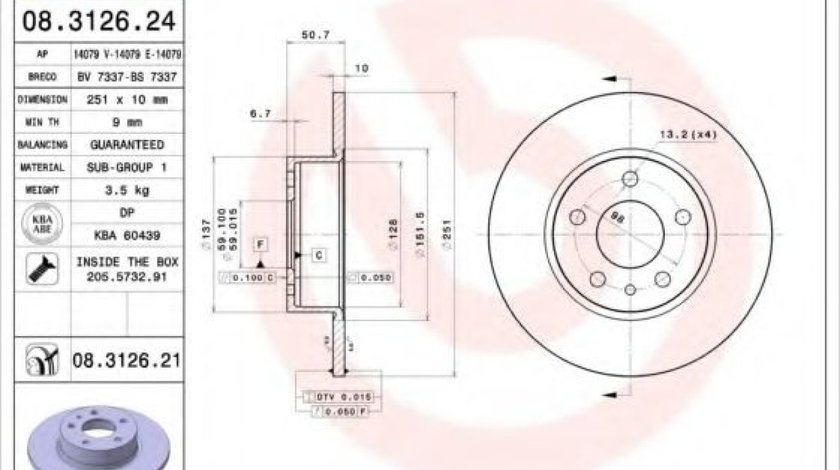 Disc frana ALFA ROMEO 147 (937) (2000 - 2010) BREMBO 08.3126.21 piesa NOUA