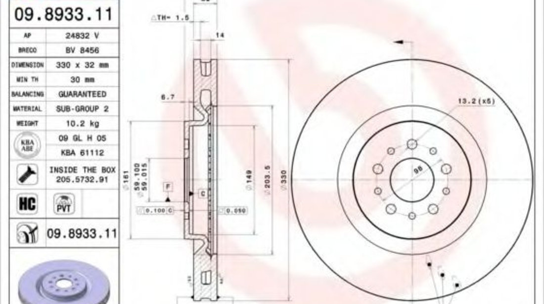 Disc frana ALFA ROMEO 156 (932) (1997 - 2005) BREMBO 09.8933.11 piesa NOUA