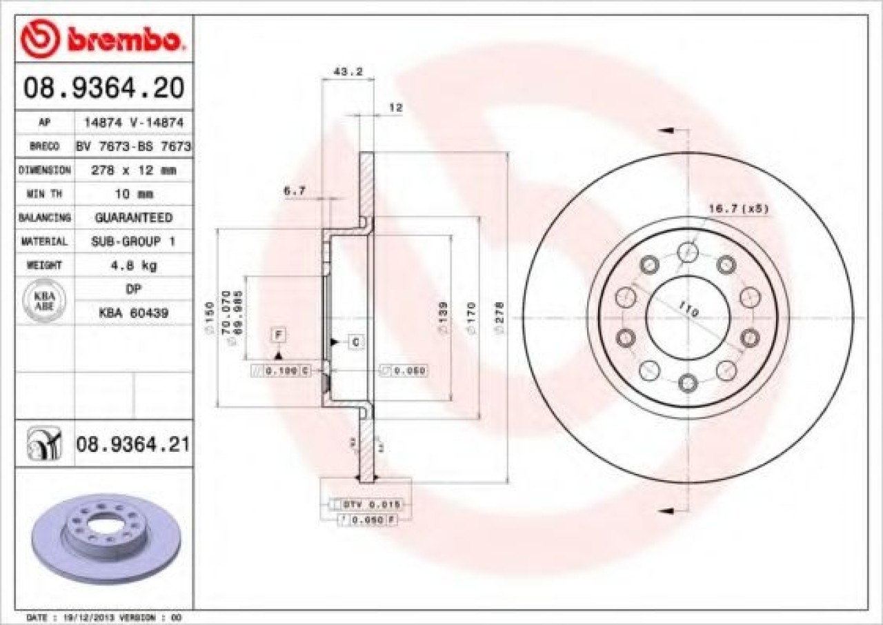 Disc frana ALFA ROMEO 159 (939) (2005 - 2011) BREMBO 08.9364.21 piesa NOUA