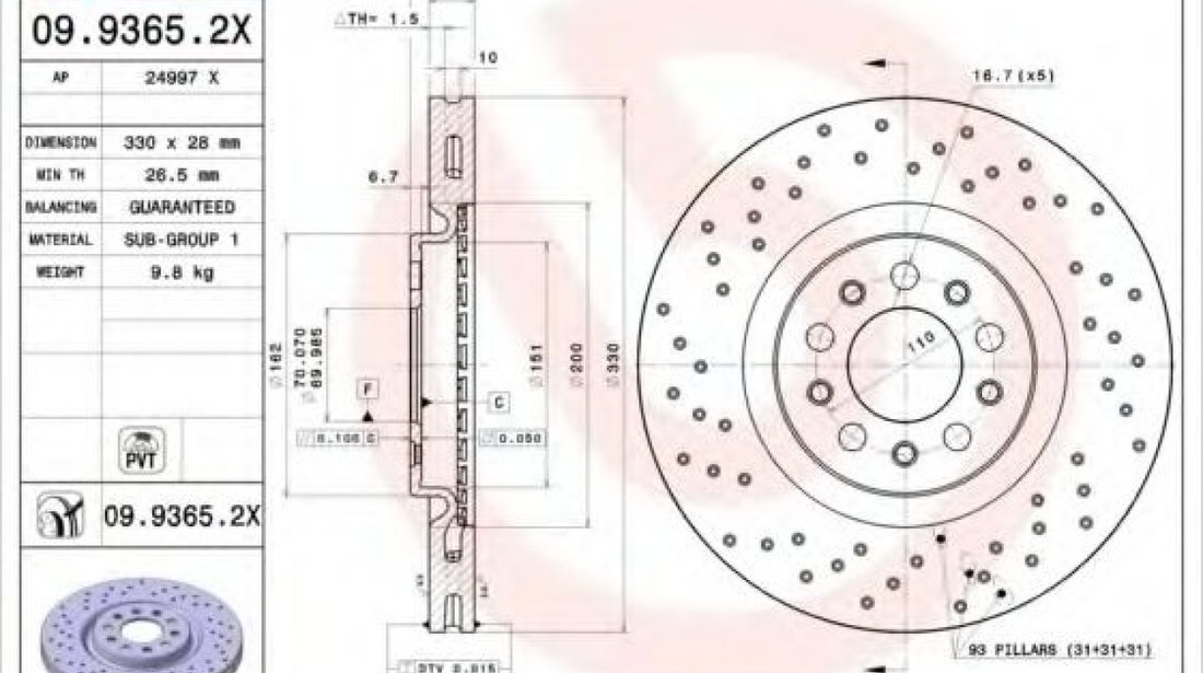 Disc frana ALFA ROMEO 159 Sportwagon (939) (2006 - 2011) BREMBO 09.9365.2X piesa NOUA