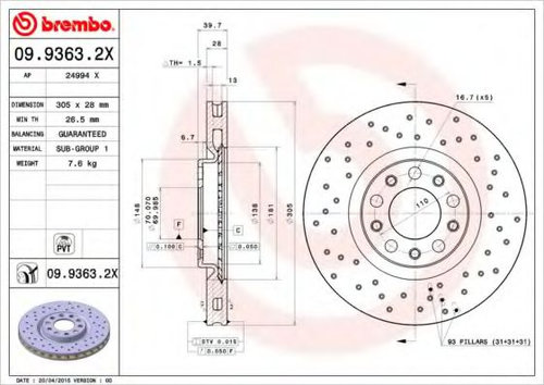 Disc frana ALFA ROMEO GIULIETTA (940) (2010 - 2016) BREMBO 09.9363.2X piesa NOUA