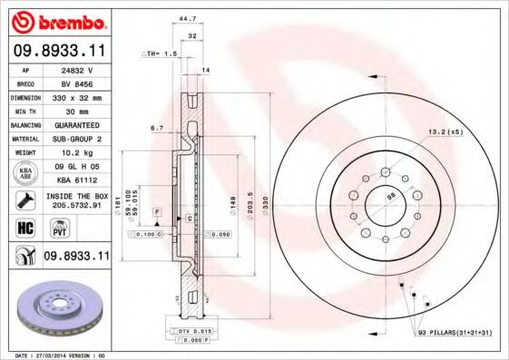 Disc frana ALFA ROMEO SPIDER (916_, 916S_) (1994 - 2005) BREMBO 09.8933.11 piesa NOUA