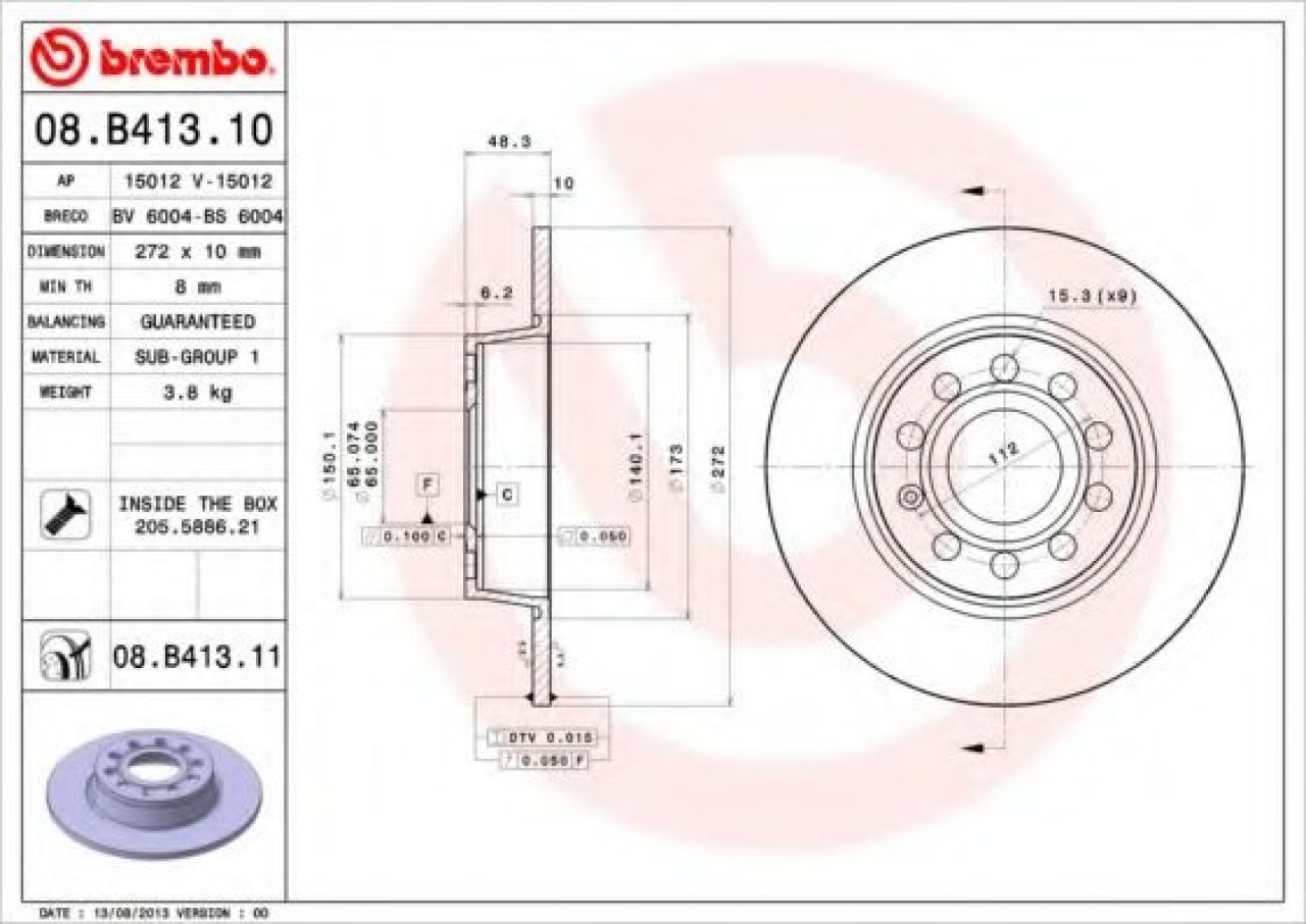 Disc frana AUDI A1 (8X1, 8XK, 8XF) (2010 - 2016) BREMBO 08.B413.11 piesa NOUA