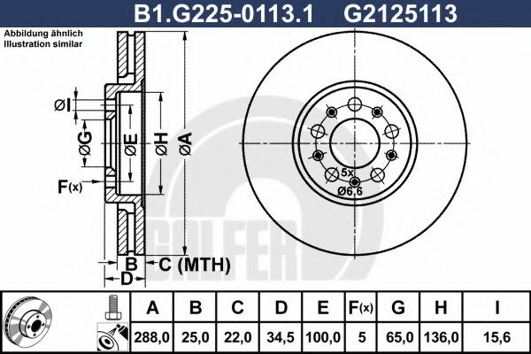 Disc frana AUDI A1 (8X1, 8XK, 8XF) (2010 - 2016) GALFER B1.G225-0113.1 piesa NOUA