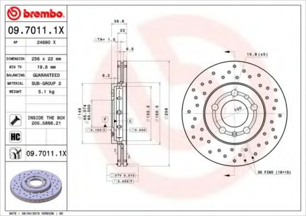 Disc frana AUDI A1 Sportback (8XA, 8XF, 8XK) (2011 - 2016) BREMBO 09.7011.1X piesa NOUA