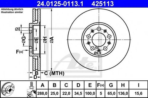 Disc frana AUDI A1 Sportback (8XA, 8XF, 8XK) (2011 - 2016) ATE 24.0125-0113.1 piesa NOUA