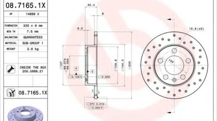 Disc frana AUDI A3 (8L1) (1996 - 2003) BREMBO 08.7165.1X piesa NOUA