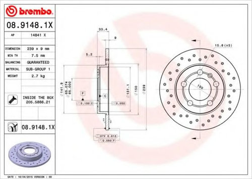 Disc frana AUDI A3 (8L1) (1996 - 2003) BREMBO 08.9148.1X piesa NOUA