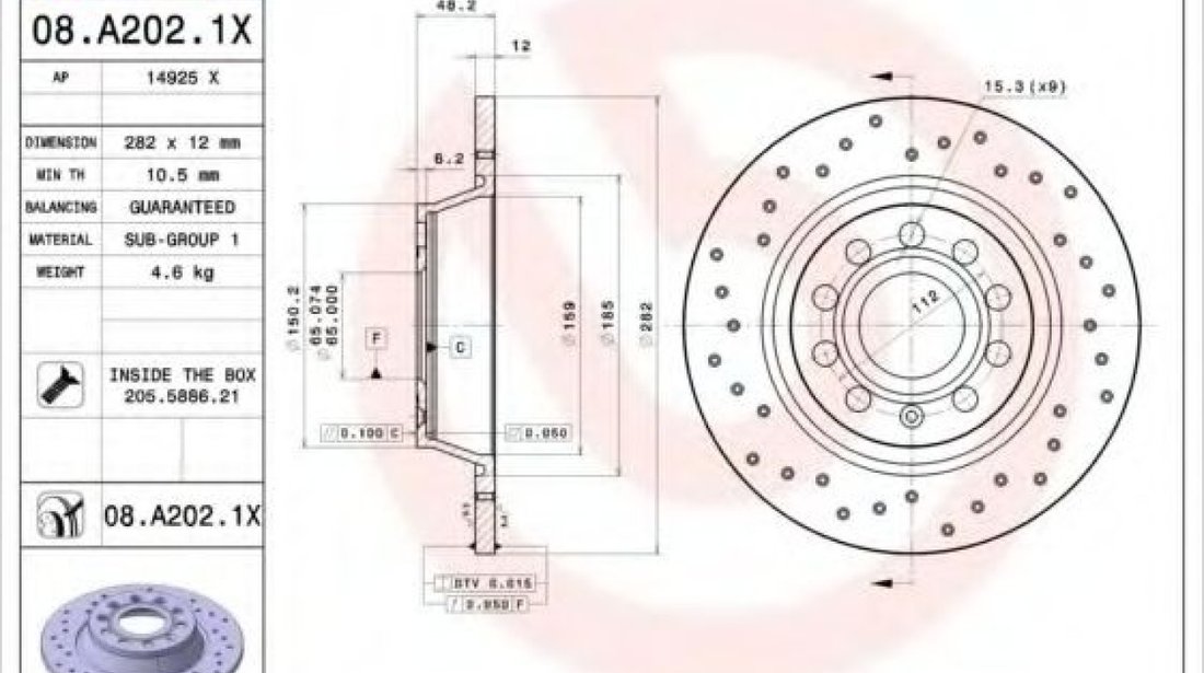 Disc frana AUDI A3 (8P1) (2003 - 2012) BREMBO 08.A202.1X piesa NOUA