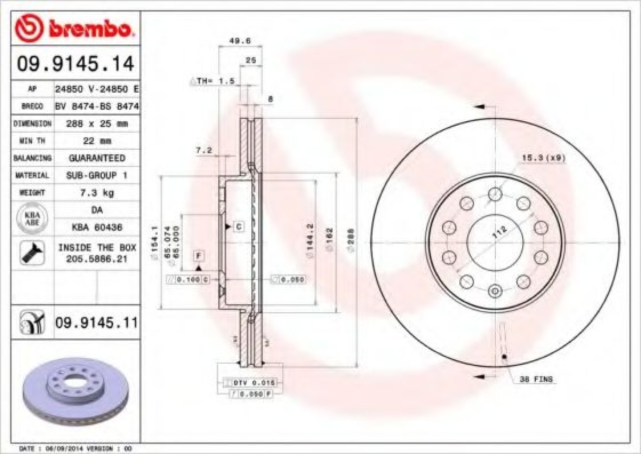 Disc frana AUDI A3 (8P1) (2003 - 2012) BREMBO 09.9145.11 piesa NOUA