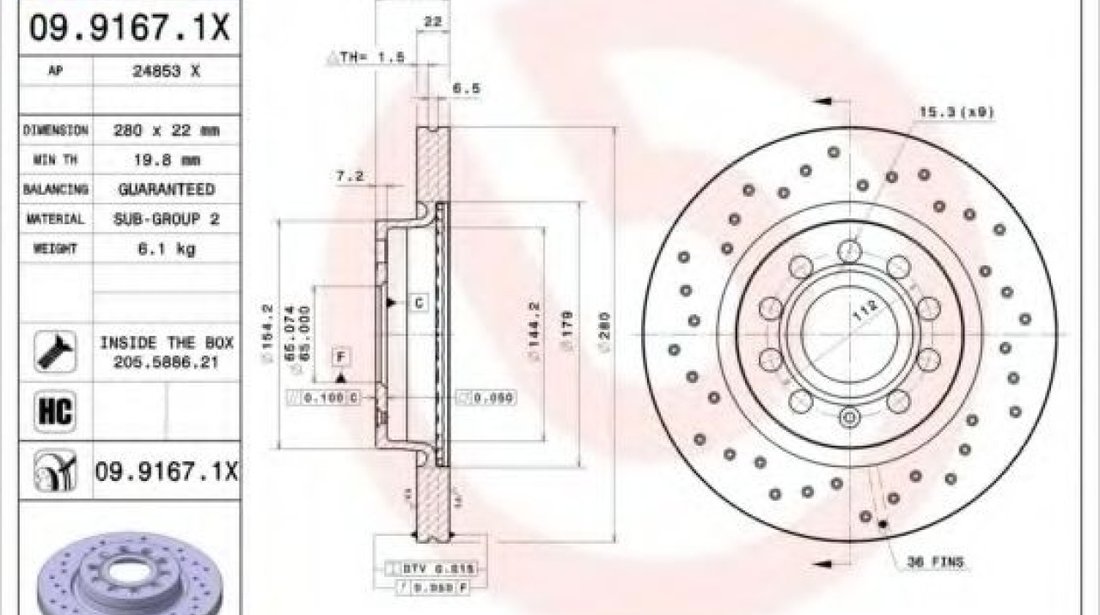 Disc frana AUDI A3 (8P1) (2003 - 2012) BREMBO 09.9167.1X piesa NOUA