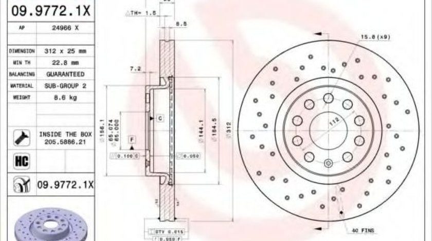 Disc frana AUDI A3 Cabriolet (8P7) (2008 - 2013) BREMBO 09.9772.1X piesa NOUA