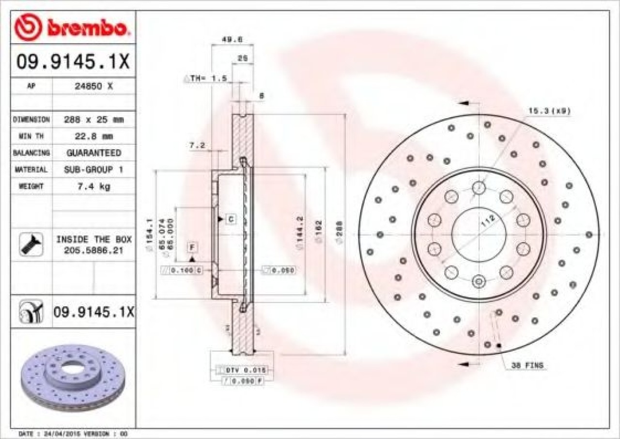 Disc frana AUDI A3 Cabriolet (8P7) (2008 - 2013) BREMBO 09.9145.1X piesa NOUA