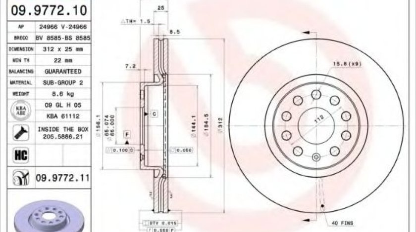 Disc frana AUDI A3 Cabriolet (8V7) (2013 - 2016) BREMBO 09.9772.11 piesa NOUA