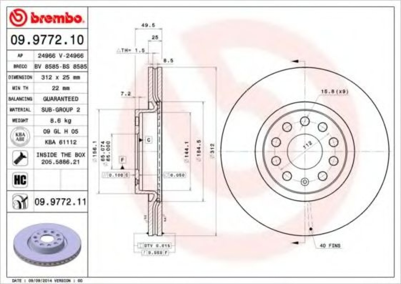 Disc frana AUDI A3 Sportback (8PA) (2004 - 2013) BREMBO 09.9772.11 piesa NOUA