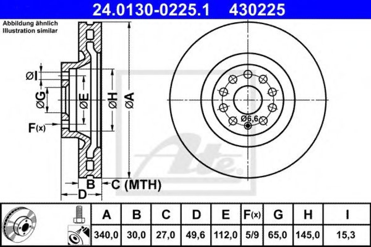 Disc frana AUDI A3 Sportback (8VA) (2012 - 2016) ATE 24.0130-0225.1 piesa NOUA