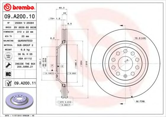 Disc frana AUDI A3 Sportback (8VA) (2012 - 2016) BREMBO 09.A200.11 piesa NOUA