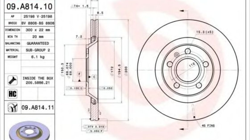 Disc frana AUDI A4 (8E2, B6) (2000 - 2004) BREMBO 09.A814.11 piesa NOUA