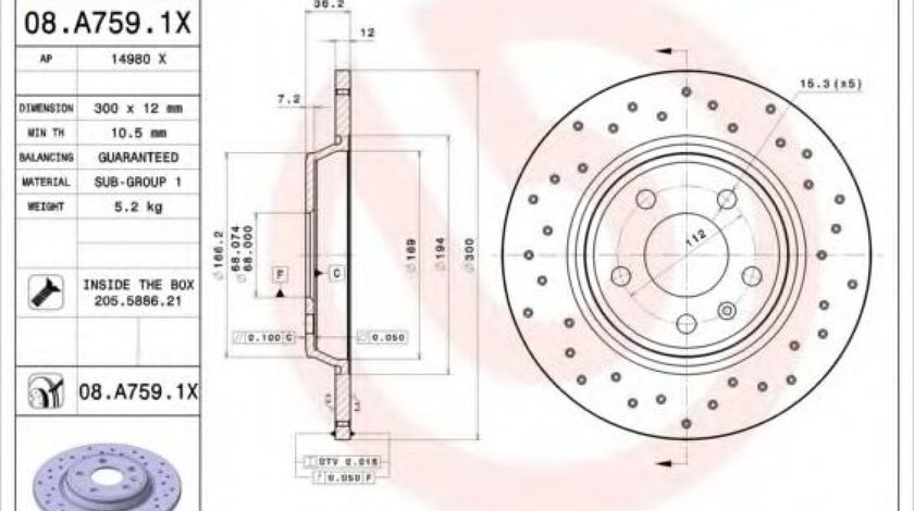 Disc frana AUDI A4 (8K2, B8) (2007 - 2015) BREMBO 08.A759.1X piesa NOUA