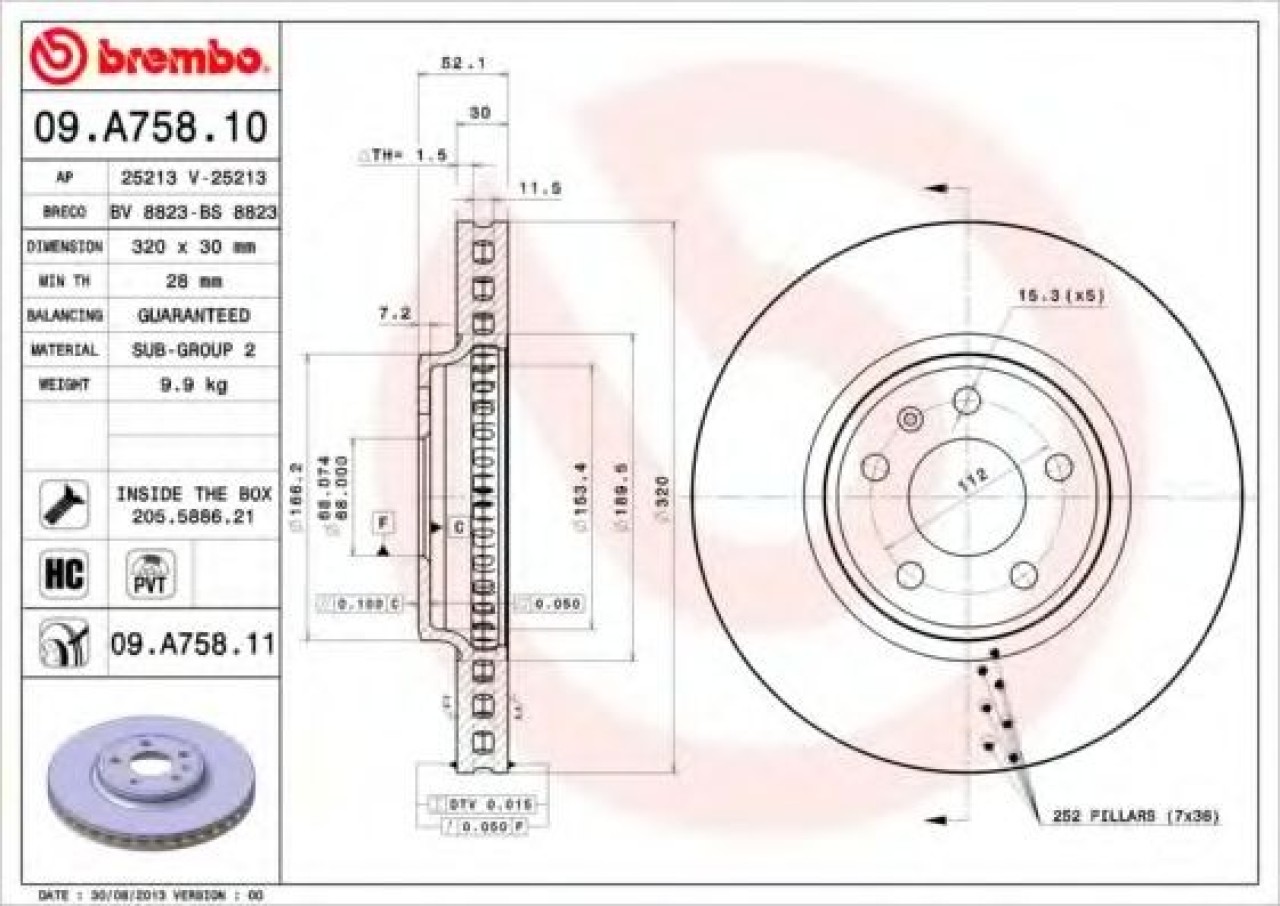 Disc frana AUDI A4 Allroad (8KH, B8) (2009 - 2016) BREMBO 09.A758.11 piesa NOUA