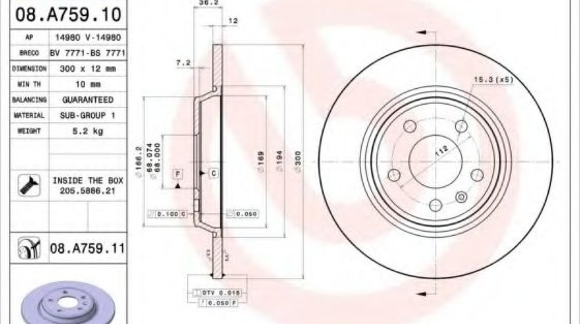 Disc frana AUDI A4 Allroad (8KH, B8) (2009 - 2016) BREMBO 08.A759.11 piesa NOUA