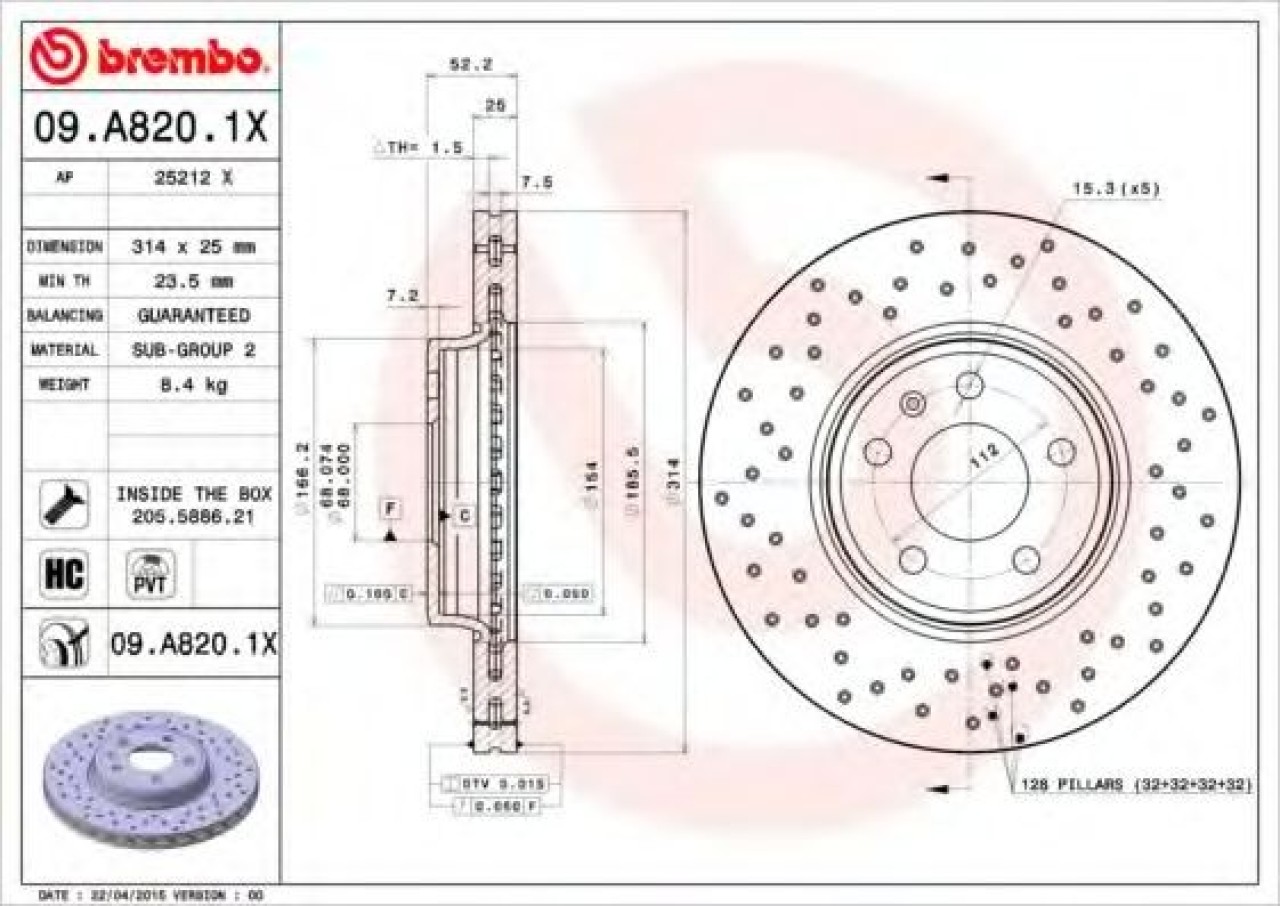 Disc frana AUDI A4 Allroad (8KH, B8) (2009 - 2016) BREMBO 09.A820.1X piesa NOUA