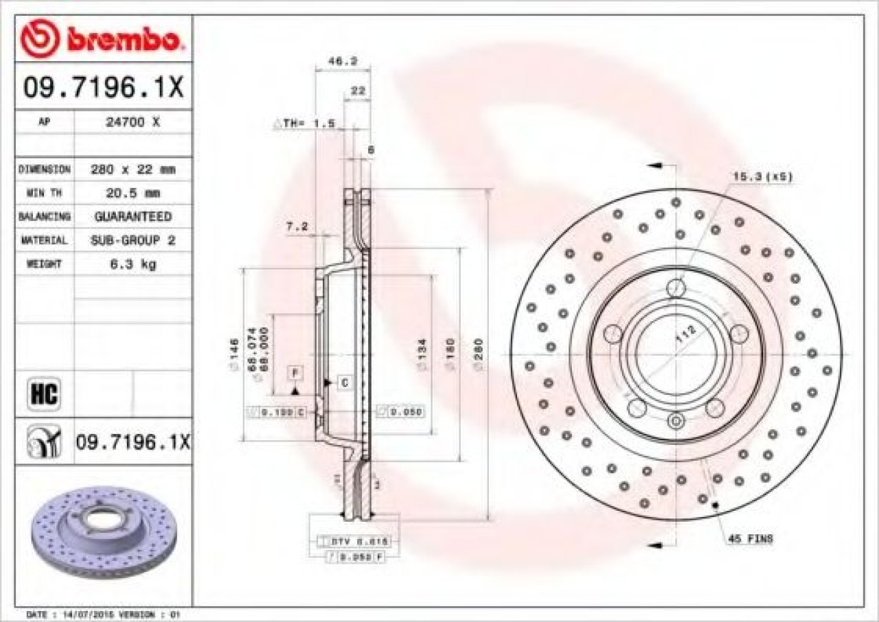 Disc frana AUDI A4 Avant (8D5, B5) (1994 - 2001) BREMBO 09.7196.1X piesa NOUA