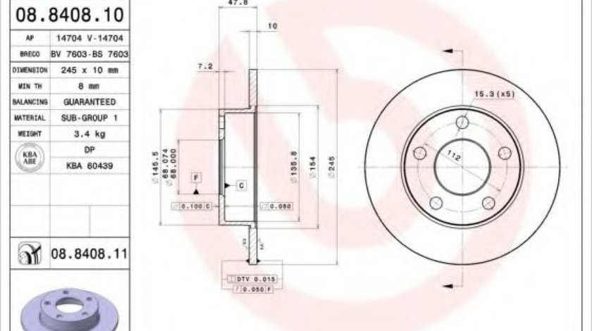 Disc frana AUDI A4 Avant (8D5, B5) (1994 - 2001) BREMBO 08.8408.11 piesa NOUA