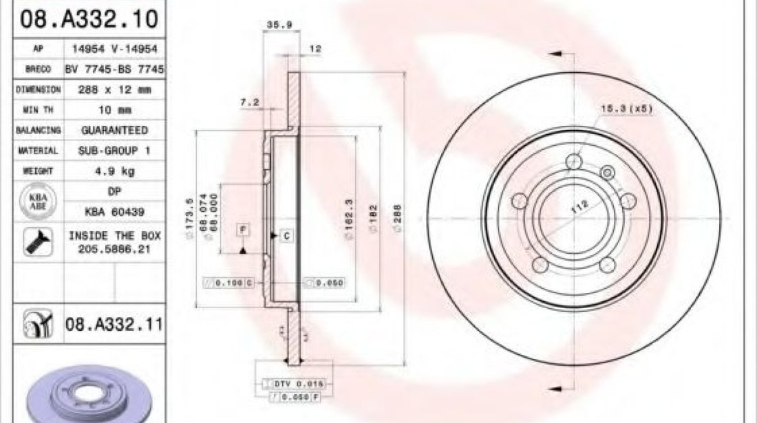 Disc frana AUDI A4 Cabriolet (8H7, B6, 8HE, B7) (2002 - 2009) BREMBO 08.A332.11 piesa NOUA