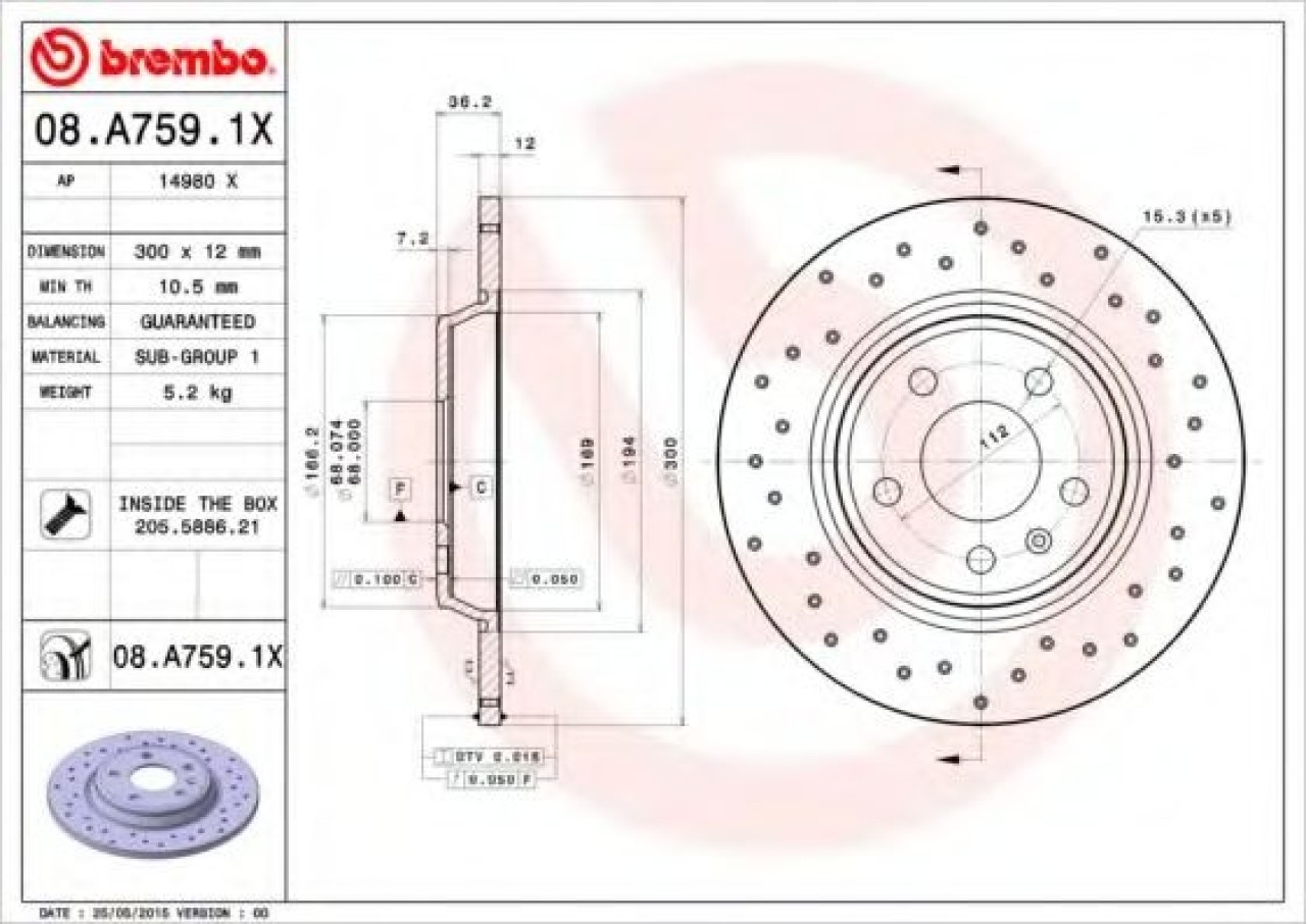 Disc frana AUDI A5 Sportback (8TA) (2009 - 2016) BREMBO 08.A759.1X piesa NOUA