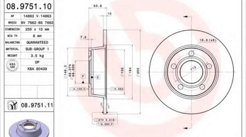 Disc frana AUDI A6 (4B2, C5) (1997 - 2005) BREMBO 08.9751.11 piesa NOUA