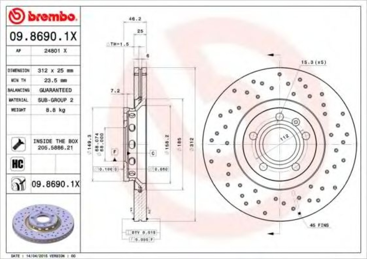 Disc frana AUDI A6 (4B2, C5) (1997 - 2005) BREMBO 09.8690.1X piesa NOUA