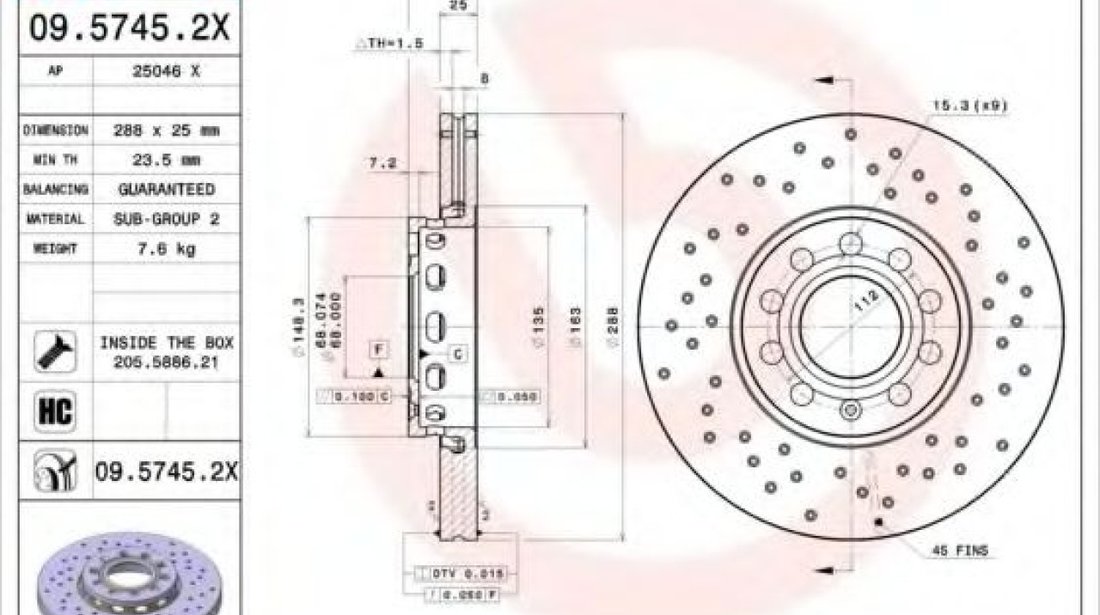 Disc frana AUDI A6 (4B2, C5) (1997 - 2005) BREMBO 09.5745.2X piesa NOUA