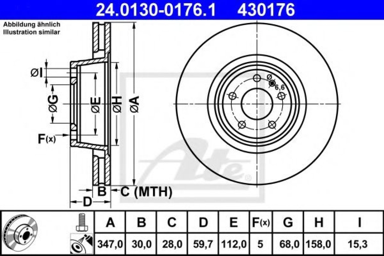 Disc frana AUDI A6 (4F2, C6) (2004 - 2011) ATE 24.0130-0176.1 piesa NOUA