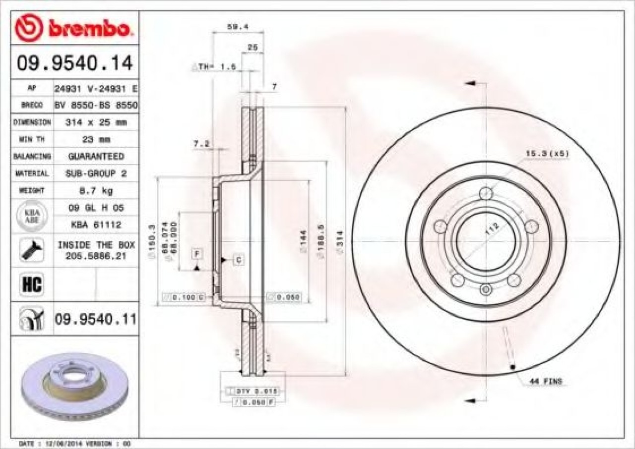 Disc frana AUDI A6 (4F2, C6) (2004 - 2011) BREMBO 09.9540.11 piesa NOUA