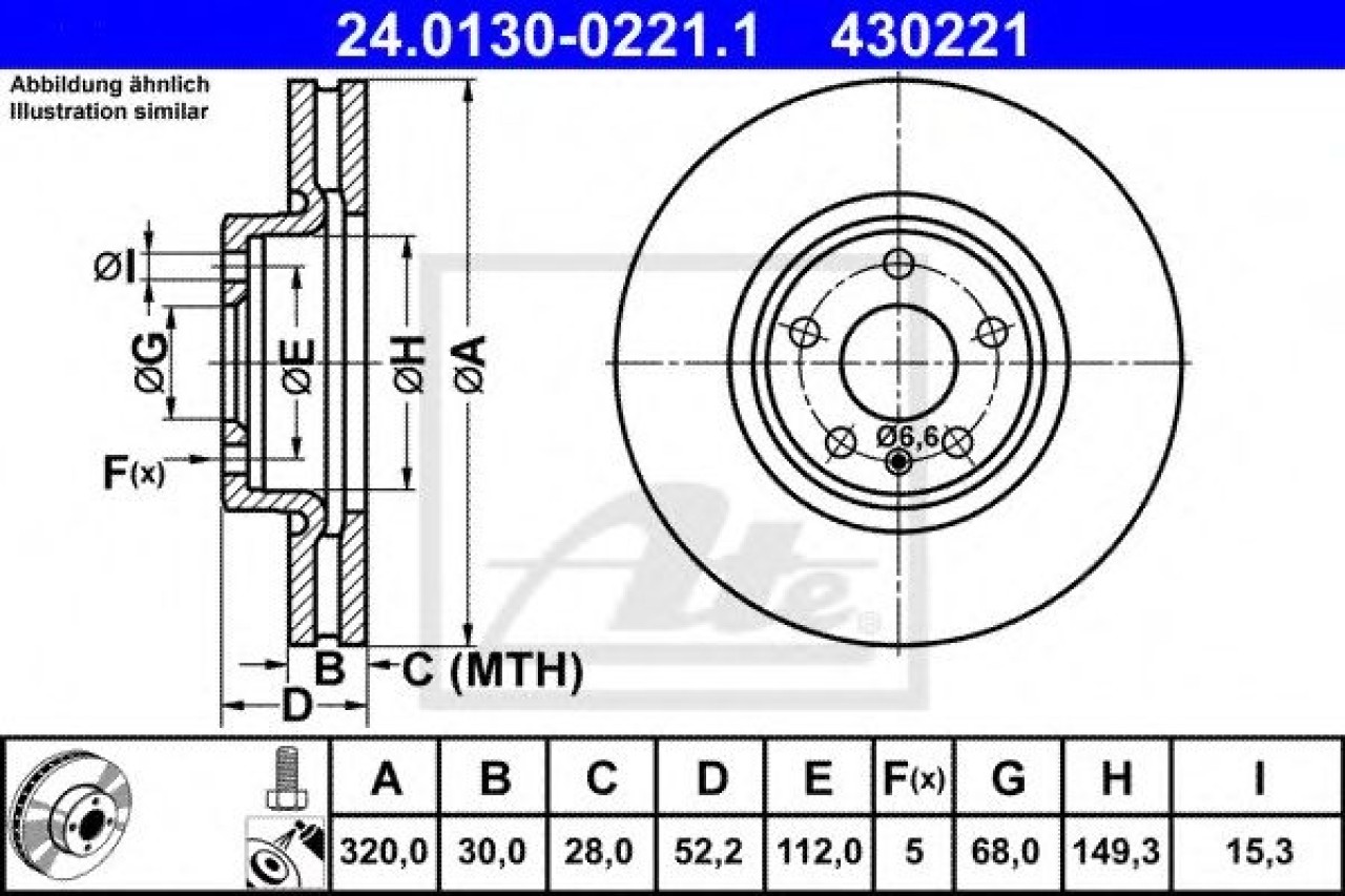 Disc frana AUDI A6 (4G2, C7, 4GC) (2010 - 2016) ATE 24.0130-0221.1 piesa NOUA